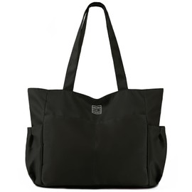 MAYMOONER Black Tote Bag with Zipper Women Nylon Lightweight Large Multi-pocket Tote Bags for School Uni College Work Travel