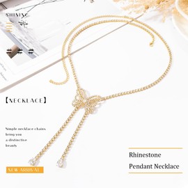 Jakawin Rhinestone Pendant Necklace Crystal Butterfly Necklaces Long Y Vintage Neck Chain for Women and Girls NK292 (Gold)