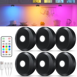 WILLED Under Cabinet Lighting Wireless,RGB Rechargeable Puck Lights with Remote Control,Battery Touch Tap Light with Timer Function,Stick On LED Lights for Kitchen,Cabinet,Counter,Closet,Shelf,6 Pack