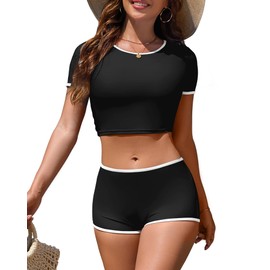 Jolefille Women Sporty Tummy Control Swimsuit Color Block High Waisted Bikini Set Two Piece Bathing Suit Full Coverage Shorts