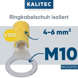 Pack of 100 Kalitec RKSGM10 Ring Cable Lugs 4-6 mm² I Partially Insulated M10 Yellow I Copper I PVC Collar I for Connecting Cables or Strands I Cable Lug I Cable Connector I Protects Electrical