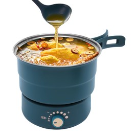 Mini Hot Pot Portable Electric Hot Pot with Foldable Handles, Non-stick Frying Pan, Multi-Functional Ramen Noodle Cooker for Pasta, Oatmeal, Soup, Steak with Power Adjustment(1-2 people) (Green)