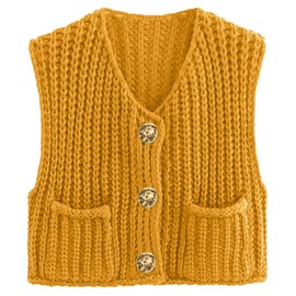 Flygo Womens Sleeveless Sweater Vest 2025 Spring Summer Crop Knit Top Chunky Crochet Button Cardigan Sweaters(FallenLeafYellow-XS)