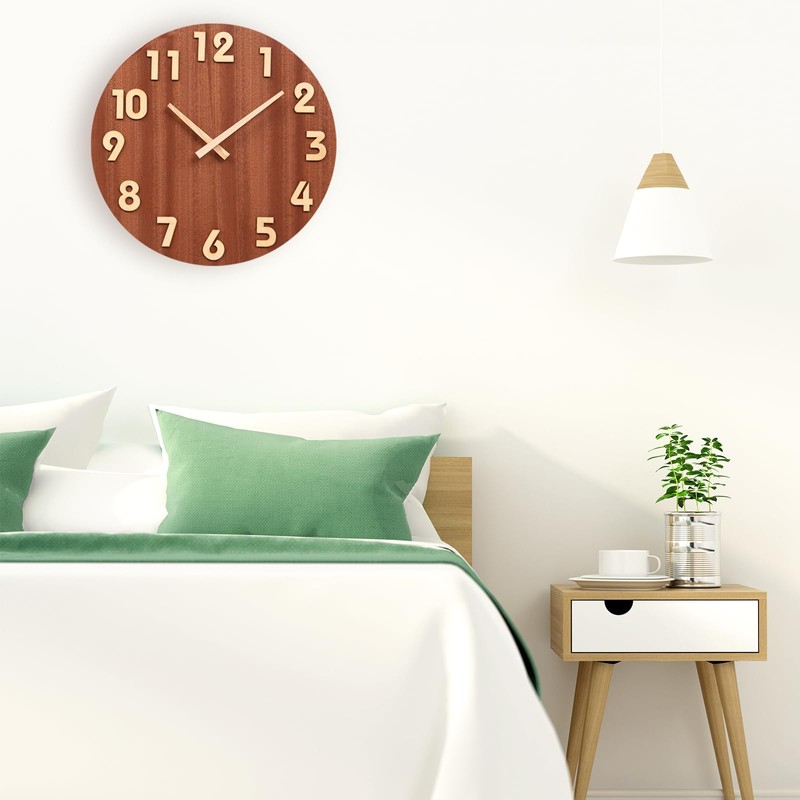 AUTVIVID Wall Clock, Continuous Second Hand, 3D Numbers, Silent, Wood
