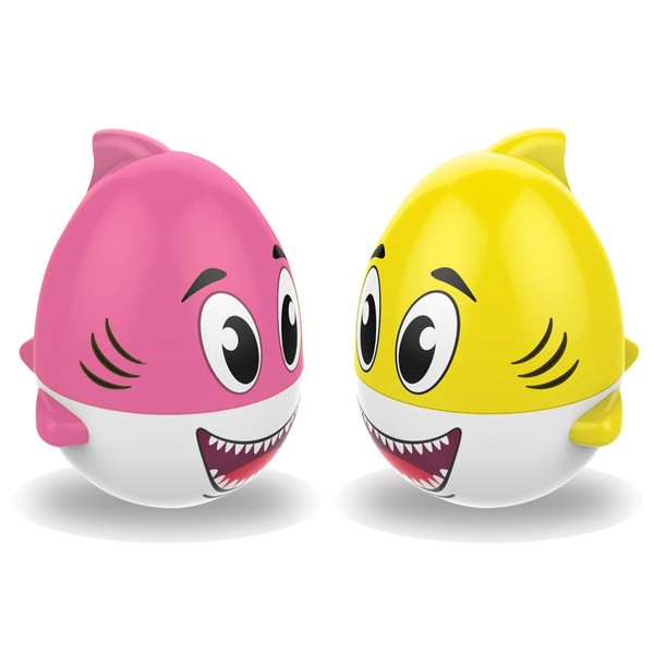 Kidzlane Shark Bath Toy for Babies and Toddlers | 2-Pack Pink and Yellow Bath Toy with Sound Effect | Weeble Wobble Toy for Babies | Shark Toy for Toddlers 6 Months +