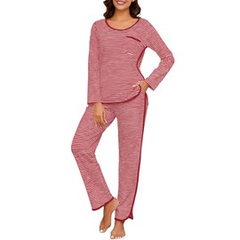 Namatime Womens Cotton Pajama Sets 2 Piece Lounge Set Stripe Long Sleeve Pj Set Winter Loungewear Sleepwear with Pockets Soft Christmas Pajamas Maternity Red XL