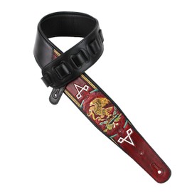Walker And Williams KB-52-RD Handmade Heritage Series Black And Red Guitar Strap With Mexican Coat Of Arms Design On Scarlett Red Carved Leather