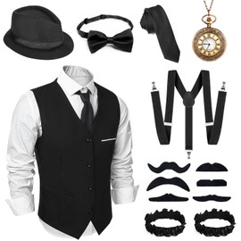 Alintor 20s Costume Men's Mafia Carnival Costume Men, Peaky Blinders Costume, 20s Accessories, Panama Hat Vintage Pocket Watch, Vest Tie Bow Tie Suspenders Men's Costume Set (XL)