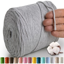 MeriWoolArt® Macrame Yarn Grey - Macrame Yarn 4 mm Coloured 225 m - Super Soft Cotton Yarn, Simple Twisted Macrame Cord for Macrame Wall Hanging, Hanging Basket, Curtain and More DIY Deco