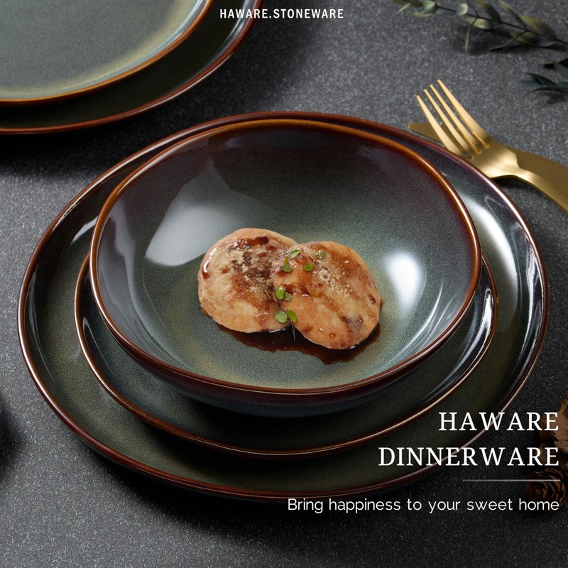 HaWare Plates and Bowls Set, Stoneware Dinnerware Sets, 12-Piece Hand-painted