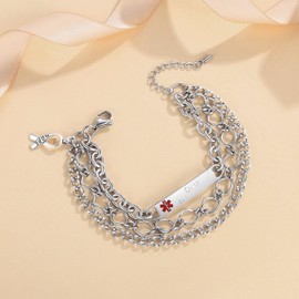 mnmoom Medical Alert Bracelets for Women Stainless steel Heart Medical ID bracelets with Free Engraving (Multi Layer chain-Steel/NO BP/IV/NEEDLES THIS ARM)