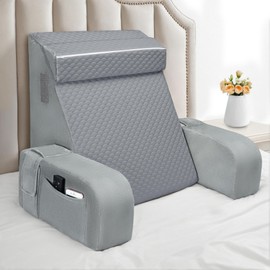 BEYOUDO Reading Pillow for Sitting in Bed Adult, Back Pillow for Bed Sitting up, Back Support Pillow with Removable Armrests for Working Gaming/Resting on Couch or Floor (Gray/Gray)