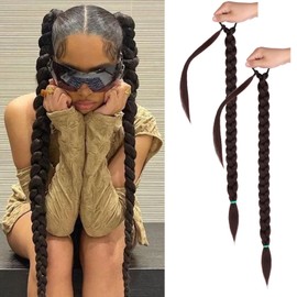 26 Inch Long Braided Ponytail Extension with Elastic Tie Straight Sleek Wrap Around Braid Hair RuiYok Ponytail Natural Soft Synthetic Hair Piece for Women Daily Wear (1B)