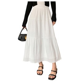 MakeMeChic Women's Boho Maxi Skirt Elastic High Waisted Cowboy Chic Pleated A Line Flared Flowy Long Skirts White Small