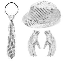 WEZCHUGHAOL 70s disco carnival costume mens accessories 3 piece silver set, sequin hat, glitter tie and glitter gloves for costume party 3 piece disco accessories set