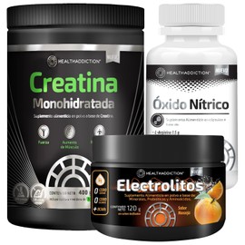 HEALTHADDICTION Rendimiento Full Electro Pack – Creatina Monohidratada + Óxido Nítrico con L-Arginina y Beta Alanina + Electrolitos con BCAA’s y Vitaminas – Suplementos Sin Gluten – 3 Piezas