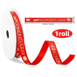 Congrats Grad Satin Ribbon, 10 Yards x 3/8in Class of 2025 Graduation Theme Ribbon Party Decoration Congratulations Theme Decor for Gift Wrapping Graduation Accessories Party Decoration (Red, Gold)