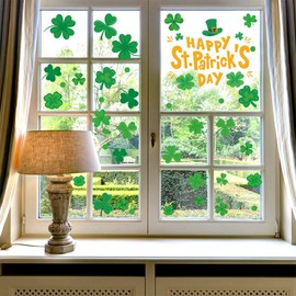 WEEPA St Patrick's Day Decorations 46 Pcs Shamrock Window Clings Decals Four Leaf Clover Window Stickers Irish Shamrock Happy St. Patrick's Day Party Ornaments