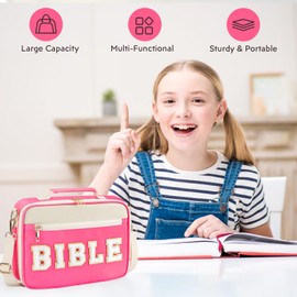 Bible Cover Case for Women Grils, Preppy Bible Bag with Adjustable Shoulder Strap, Waterproof Bible Carrying Tote Bags Holder for Bible Study Supplies Accessories & Christian Gifts (Rose Red)