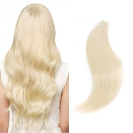 Sixstarhair Tape In Hair Extensions Human Hair Platinum Blonde Pre-taped Remy Human Hair PU Natural Straight Skin Weft 20 Pieces 50 Grams Per Set [Color 60#-20 inch]
