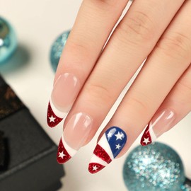 24 Pcs 4th of July Press on Nails Short Square Fake Nails Red French Tip Design Glue on Nails Stars Full Cover False Nails Patriotic Stick on Nails for Independence Day Art Decoration