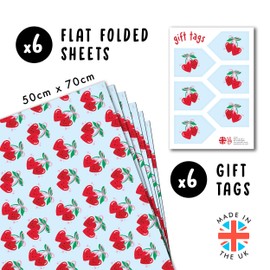 Cherry Wrapping Paper - 6 Sheets Girls Wrapping Paper - Red Cherries with Flirtatious Bows - Birthday, Valentine's Day, Anniversary - Recyclable - by Central 23