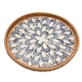Round Rattan Tray with Pearl Inlay, 11.8in Woven Serving Tray