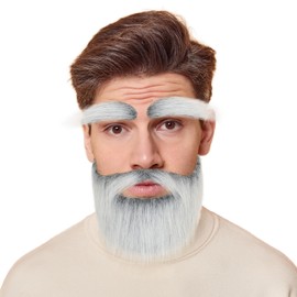 Yan Dream Men Fake Beard and Self Adhesive Eyebrows for Adult Grey with White Stick On Beard and Mustache