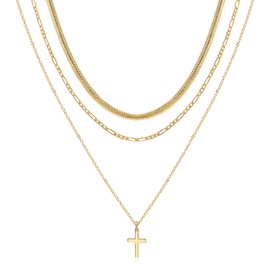 Aisansty Dainty Layered Choker Necklace Pendant Gold Plated Cute Herringbone Snake Chain Cross Choker Necklace Trendy Gold Layered Necklace Set for Women