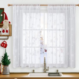 BGment Christmas Sheer Curtains with Snowflake, Short Curtains 40 Inch Length for Bedroom, Light Filtering Xmas Holiday Decorated Semi Sheer Curtains for Small Window Rod Pocket, Each 42 Inch Wide