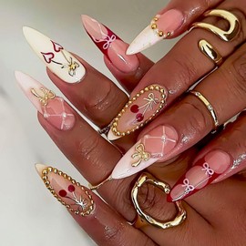 Handmade Press on Nails Long Almond Fake Nails with Gold Bow Design Pink French Tips False Nails Golded Rhinestones Pearl Cherry Stick on Nails Summer Artificial Nails for Women Girls Manicure 24Pcs