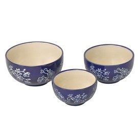 temp-tations by Tara Set of 3 Ceramic Mixing Bowls, Floral Lace - Small To Large Blue Nesting Ceramic Bowls for Kitchen, Cooking, Baking Essentials, Microwavable, Use for Prep, Serving Dishes