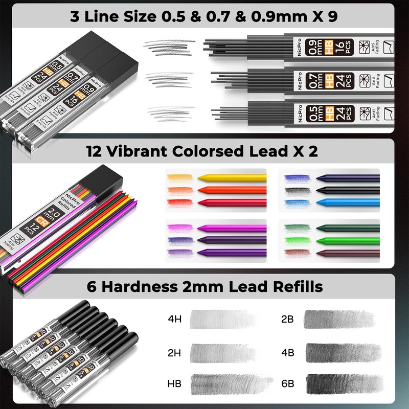 Nicpro 37PCS Art Mechanical Pencil Set, Metal Drafting Pencils 0.5