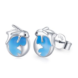Rabbit Earrings Girls 925 Sterling Silver Hypoallergenic Bunny Earrings Rabbit On The Moon Planet Cute Animal Rabbit Gifts for Girls Women