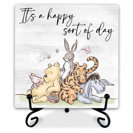 5" Cute Bear Wooden Sign With 1 Metal Stand - It's A Happy Sort Of Day - Rustic Farmhouse Wooden Plaque Tabletop Gifts For Friends Family -Nursery Home Desk Room Shelf Decor & Supplies-A06