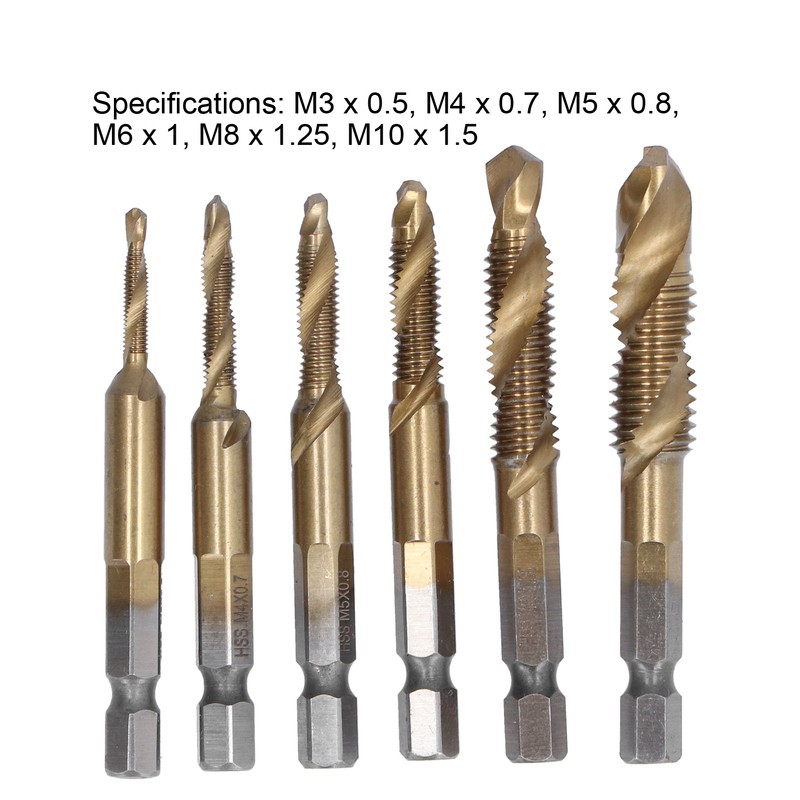 6Pcs Combination Drill Tap Bit 1/4in Hex Shank Spiral Tapping