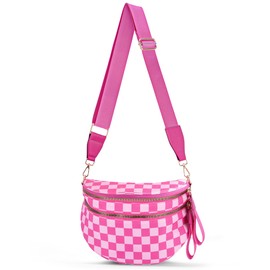 Checkered Crossbody Bum Bags for Women,Trendy Summer Nylon Large Capacity Checkered Cross Body Bag Purses for Women 2025 with Adjustable Strap(Pink)