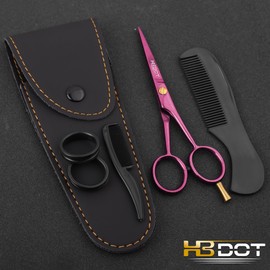 HB DOT - Professional Mustache Scissors, 5 Inches Black Mustache Beard Scissors, German Stainless Steel Beard Scissors for Men with Case, 2 Combs (Special Pink)