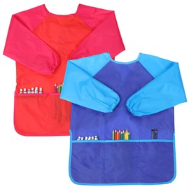 Yolev 2Pcs Kids Art Smock 2Pcs Children Paint Apron Waterproof Toddler Painting Smocks Long Sleeve Drawing Apron with 3 Pockets for Ages 3-8 Years (Brushes not included)(Red+Blue)
