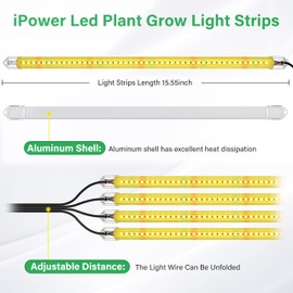 iPower 60W LED Plant Grow Light Strips Full Spectrum for Indoor Plants with Auto ON/Off 3/9/12H Timer, 10 Dimmable Levels 48 LEDs Per Tude, for Hydroponics Succulent, 4 Tubes, Yellow