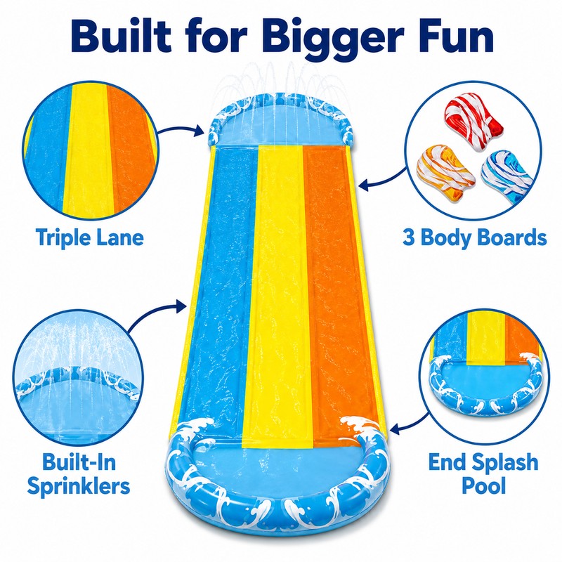 Outdoor Water Slide for Kids - Ultra-Wide 3-Lane PVC Slide