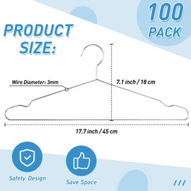 Wesiti 100 Pcs Stainless Steel Metal Hangers Wire Hangers for Clothes Strong Ultra Thin Space Saving Wire 17.7" Clothes Space for Coat Suit Bridal Boutique Dress Closet Dorm Clothing Rack(Silver)