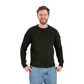 Aran Isle 100% Wool Fisherman Sweater for Men, Traditional Aran Crew Neck Knit Pullover, Made in Ireland (US, Alpha, Medium, Regular, Regular, Army Green)