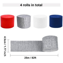 FUGUIR 4 Rolls Patriotic Crepe Paper Streamers Red White Blue Silver Craft Birthday Party Streamers Garland Hanging Backdrop Decorations for 4th of July Independence Day (1.8 Inch x 82 Ft/Roll)