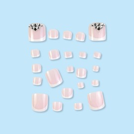 24Pcs French Tip Press on Toenails for Women-Short Square Fake Toe Nails with 3D Rhinestones Design Pink False Toenails White Full Cover Toe Nail Tips Cute Toe Nail Press ons for Women Pedicure Decor