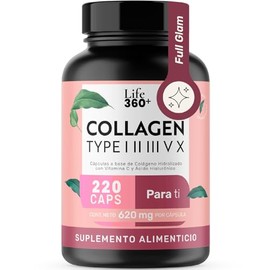 LIFE 360+ Colágeno Hidrolizado Tipo I, II, III, V y X | 220 Cápsulas 1240 Miligramos por Porción | Adicionado con Vitamina C y Ácido Hialurónico. Coll