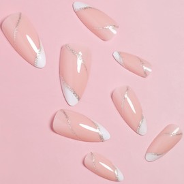 Press On Nails 24pcs Acrylic French Full Cover False Nails Nude Silver Lines Almond Fake Nail Women Girls Daily Decoration Nail Extension Easy DIY