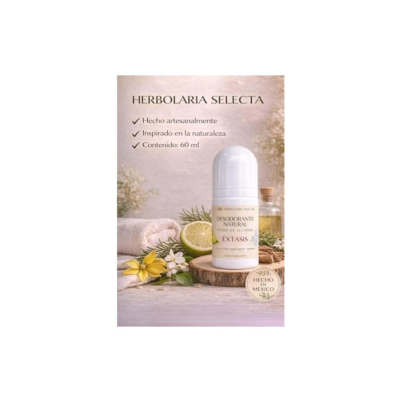Herbolaria Selecta Desodorante Natural Roll-On Éxtasis, Piedra de Alumbre, Sábila,