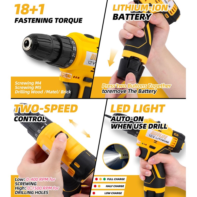 DIFFLIFE 12V Drill Driver Power Tool Combo Kits with Cordless