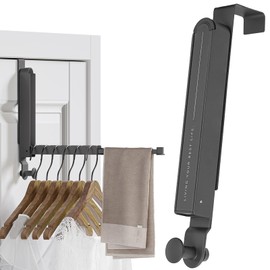 34 cm Extendable Door Coat Rack, Foldable, Metal Door Hook for 6 Hangers, No Drilling Required with Non-Slip Slot for Under 4.6 cm Door Rebate Bag, Clothes and Towels (1, Grey)